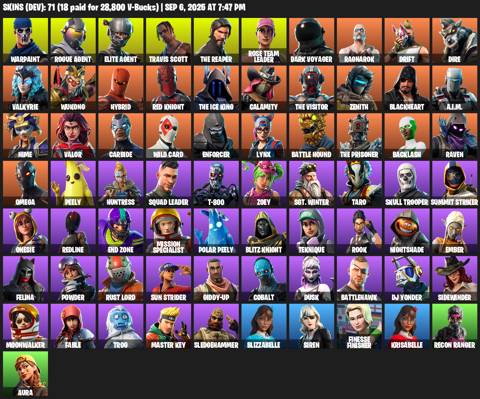 71 Skins _ OG STW _ Travis Scott + Reaper + Take The L _ Elite Agent _ End Zone _ Rogue Agent _ Battle Hound _ Drift _ 71 skins